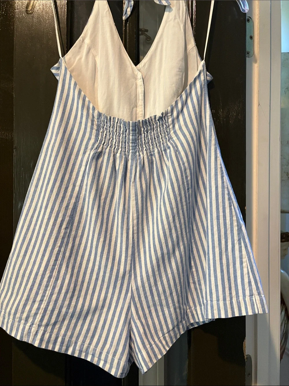 Blue & White Striped Halter Romper with Front Buttons